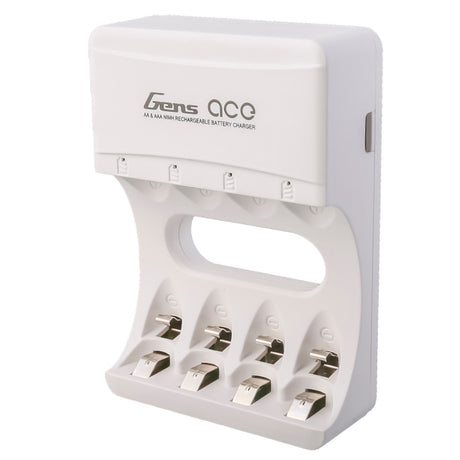 Gens Ace AA and AAA NiMH rechargeable battery charger with multiple charging slots shown in the image.