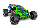 Traxxas Rustler 2WD HD remote control car with green body and front view, featuring USB-C charging port.