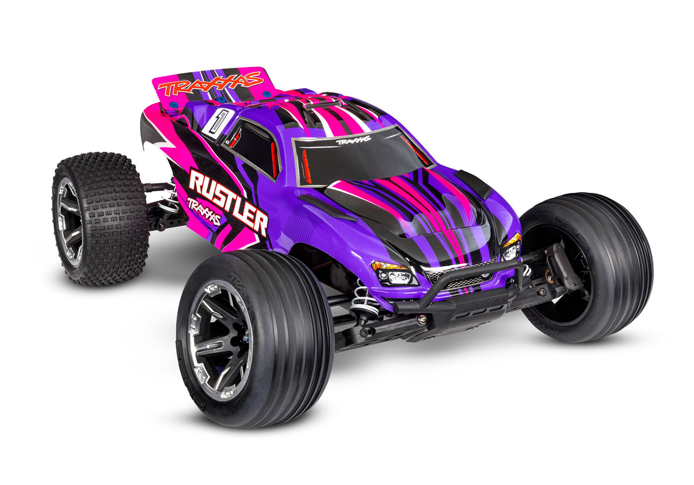 Traxxas Rustler 2WD HD remote control car, pink body, shown from a three-quarter angle with detailed wheels and chassis.