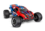 Traxxas Rustler 2WD HD remote control car with red body, showing the 3/4 rear view and detailed design features.