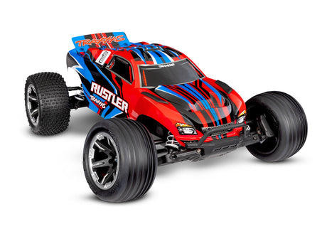 Traxxas Rustler 2WD HD remote control car with red body, showing the 3/4 rear view and detailed design features.