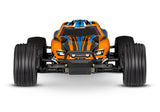 Traxxas Rustler 2WD HD RC truck with orange body and front view, featuring off-road tires and detailed chassis.