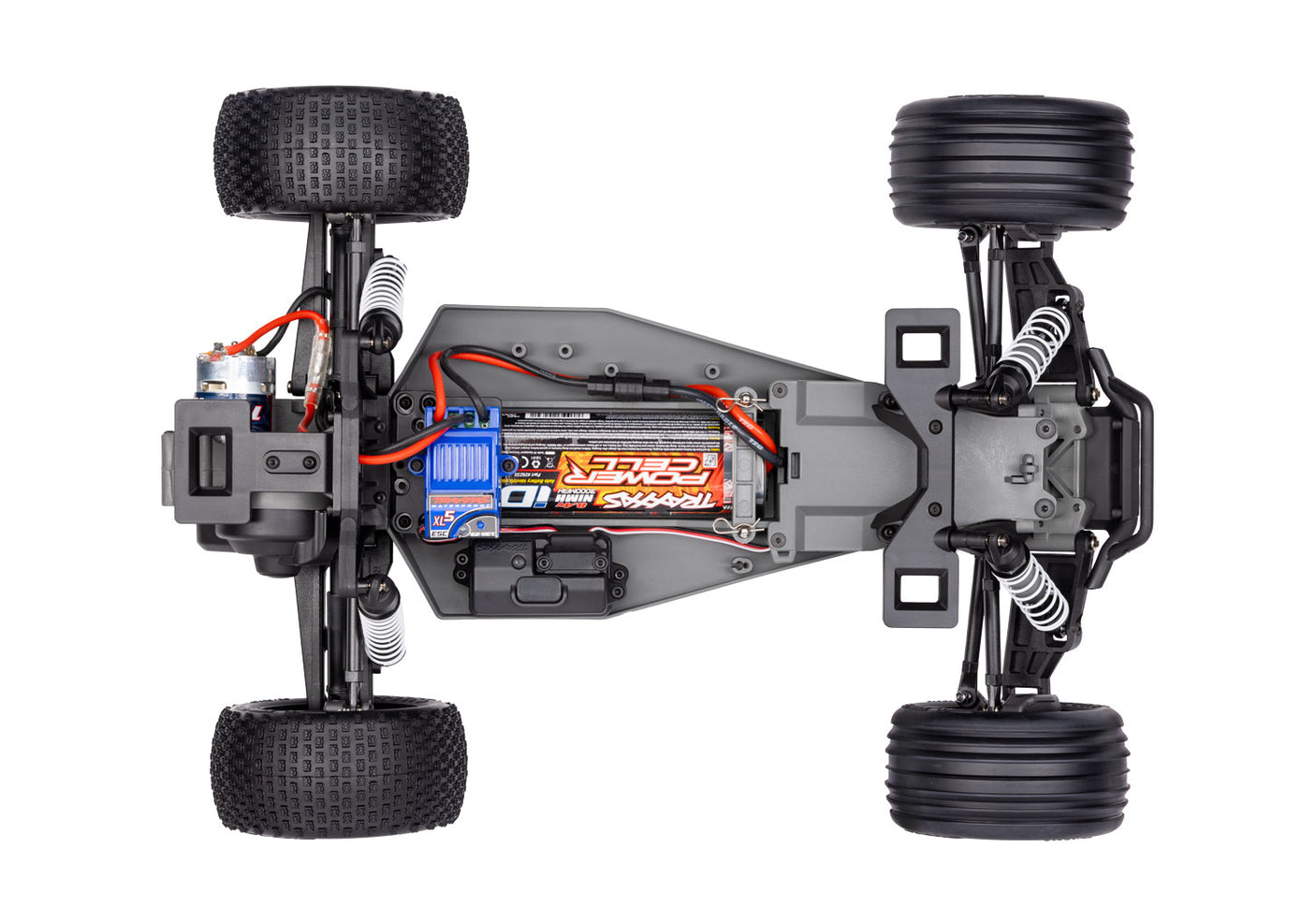 Overhead view of the Traxxas Rustler 2WD HD remote control truck chassis with detailed components and electronic hardware.