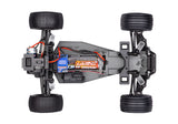 Overhead view of the Traxxas Rustler 2WD HD remote control truck chassis with detailed components and electronic hardware.