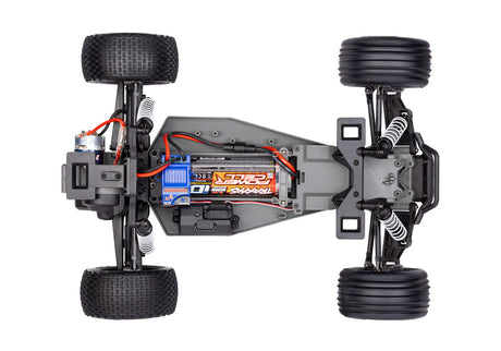 Overhead view of the Traxxas Rustler 2WD HD remote control truck chassis with detailed components and electronic hardware.