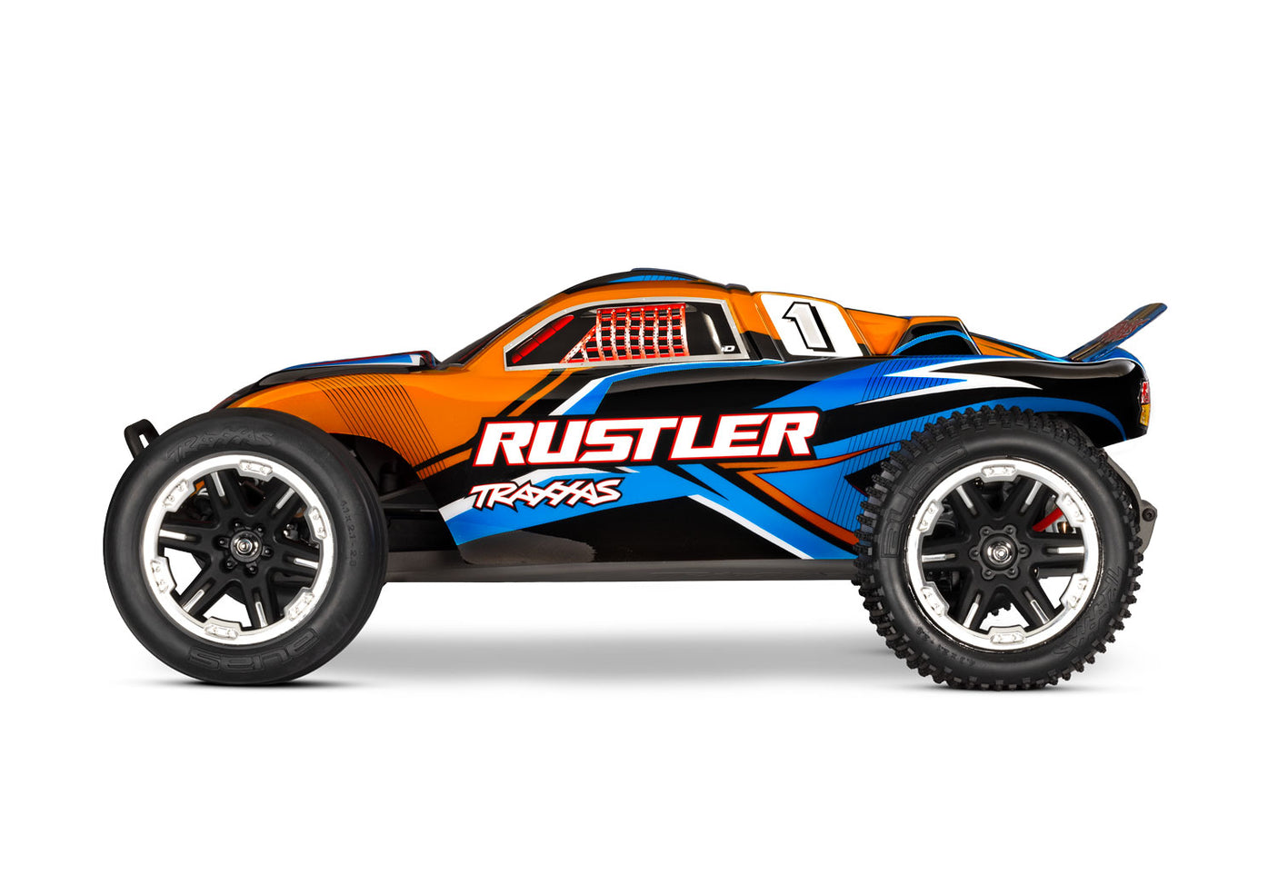 Orange Traxxas Rustler 2WD HD remote control car, side view showing durable design and detailed exterior.