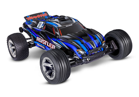 Traxxas Rustler 2WD BL-2s HD RC truck with blue body, three-quarter front view, showcasing its rugged design and vibrant color.