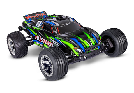 Traxxas Rustler 2WD BL-2s HD RC truck front view with green body, showcasing its rugged design and detailed exterior.