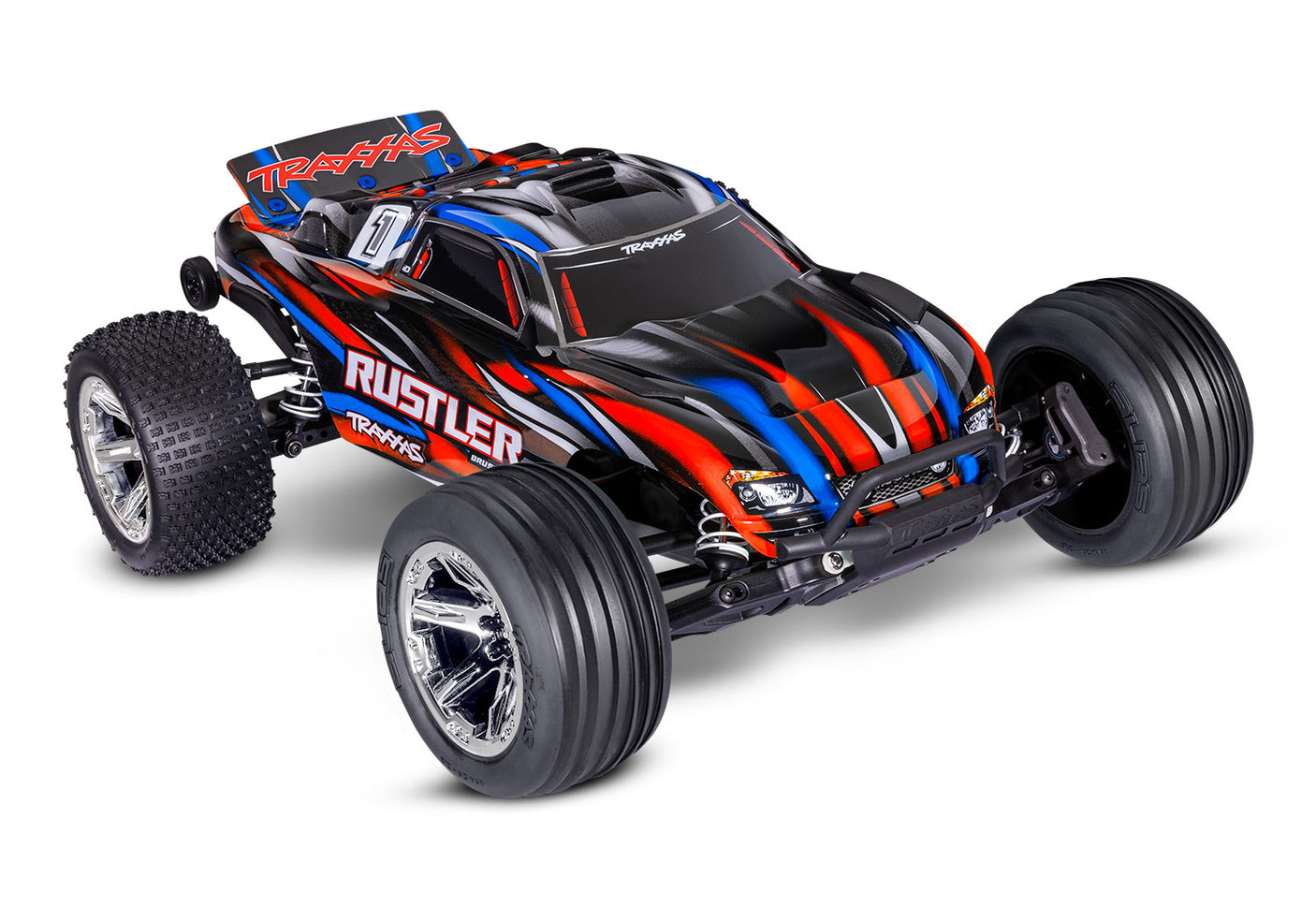 Red Traxxas Rustler 2WD BL-2s HD RC truck front three-quarter view showing wheels and body details.
