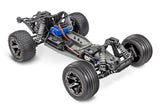 Traxxas Rustler 2WD BL-2s HD RC truck chassis viewed from a three-quarter angle.