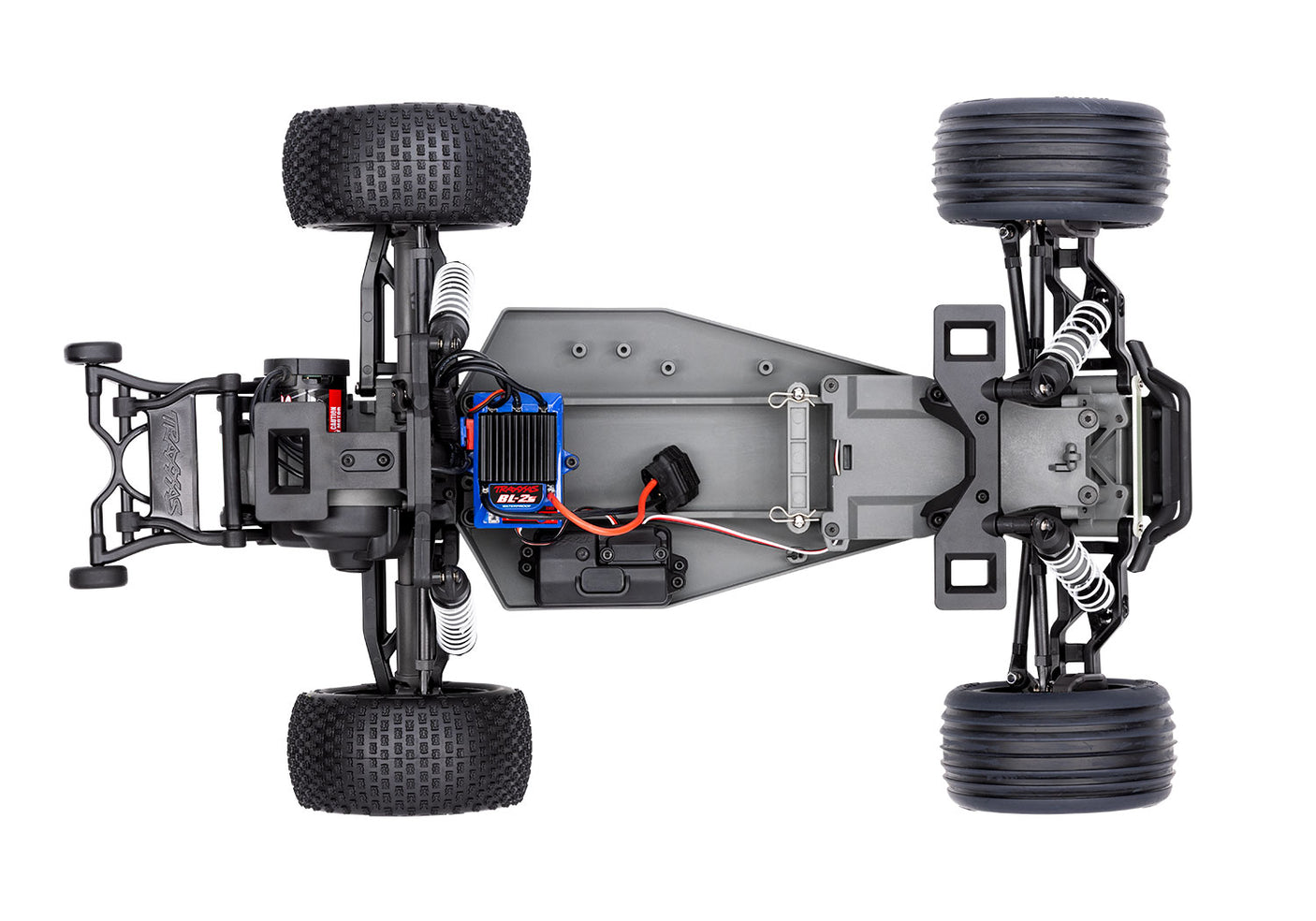 Overhead view of the Traxxas Rustler 2WD BL-2s HD RC car chassis, showcasing its durable construction and detailed design.