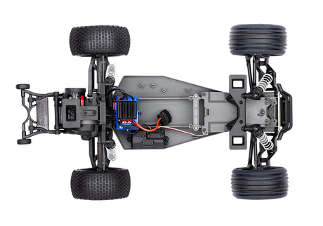 Overhead view of the Traxxas Rustler 2WD BL-2s HD RC car chassis, showcasing its durable construction and detailed design.