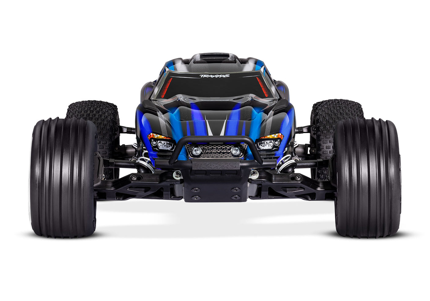 Front view of a blue Traxxas Rustler 2WD BL-2s remote control truck with rugged tires and detailed body design.
