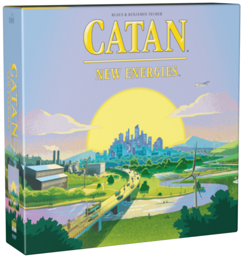 3D image of Catan: New Energies board game by Catan Studio, featuring colorful game pieces and a detailed game board layout.