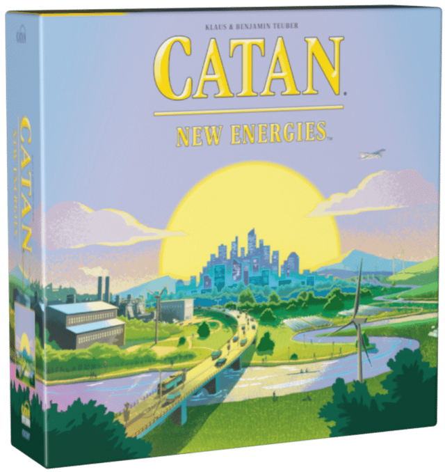 3D image of Catan: New Energies board game by Catan Studio, featuring colorful game pieces and a detailed game board layout.
