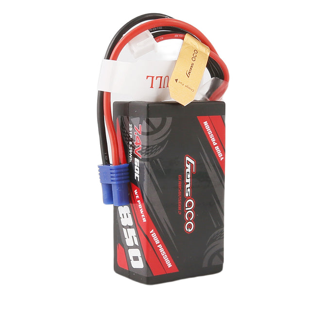 Gens Ace 850mAh 2S 7.4V 60C LiPo battery pack with EC2 plug for RC models and drone applications.