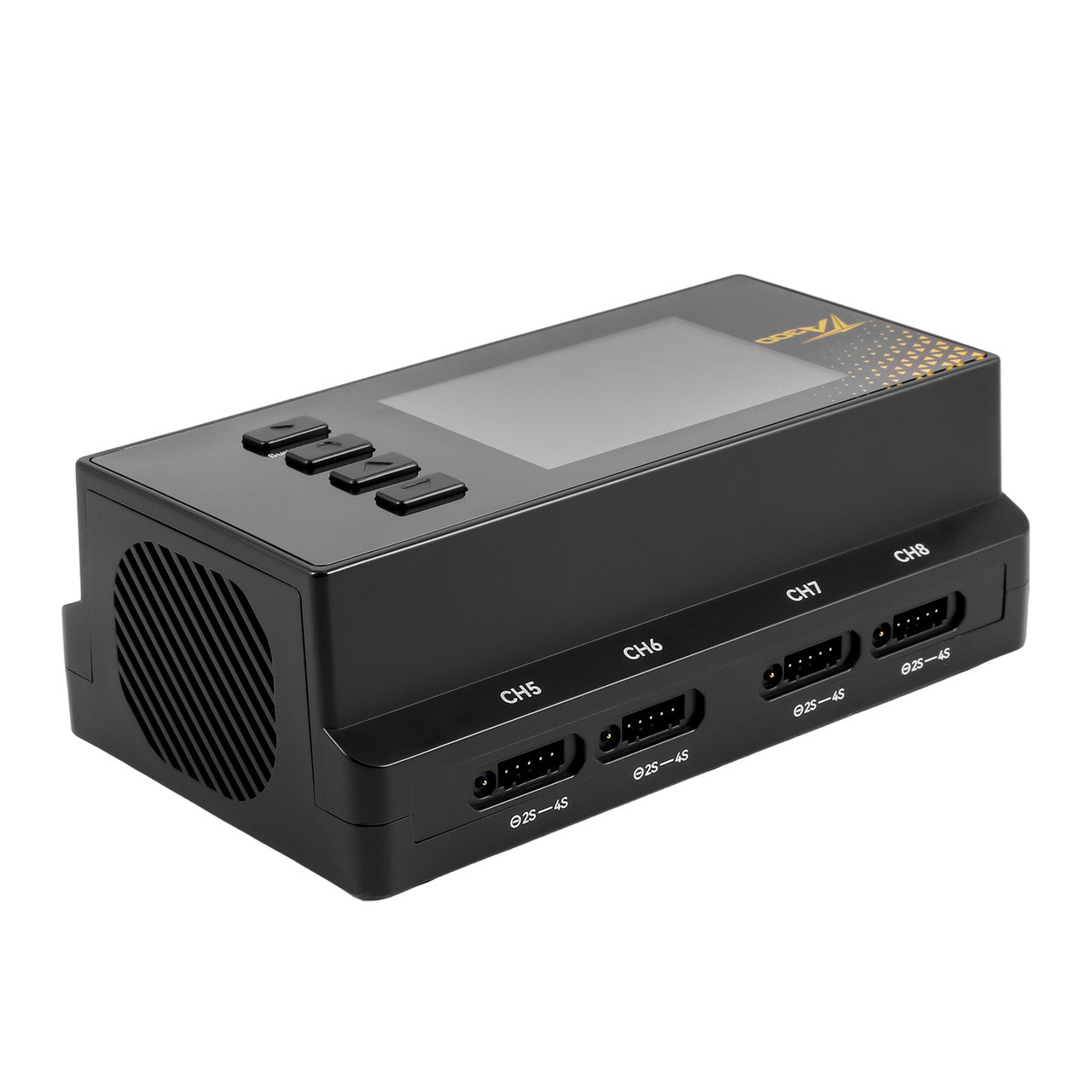 Gens Ace Tattu TA300 8-channel smart battery charger with G-Tech display, showing multiple charging ports and digital interface.
