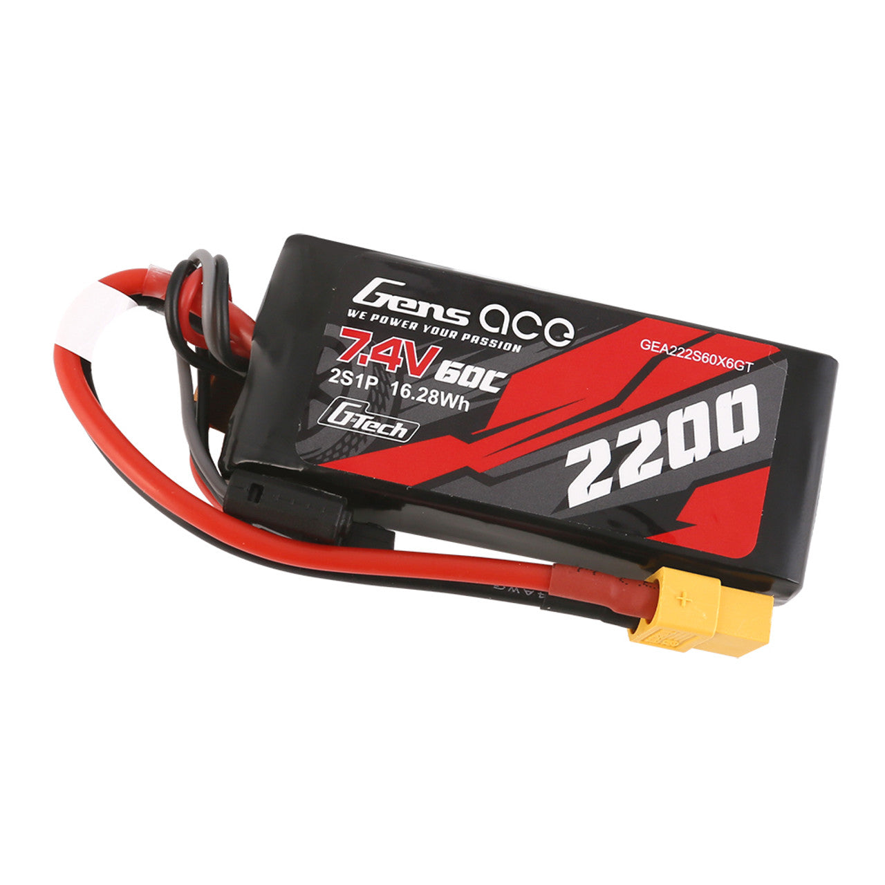 Gens Ace G-Tech 2200mAh 7.4V 60C RC car Lipo battery with XT60 connector, showing the compact battery and connector port.