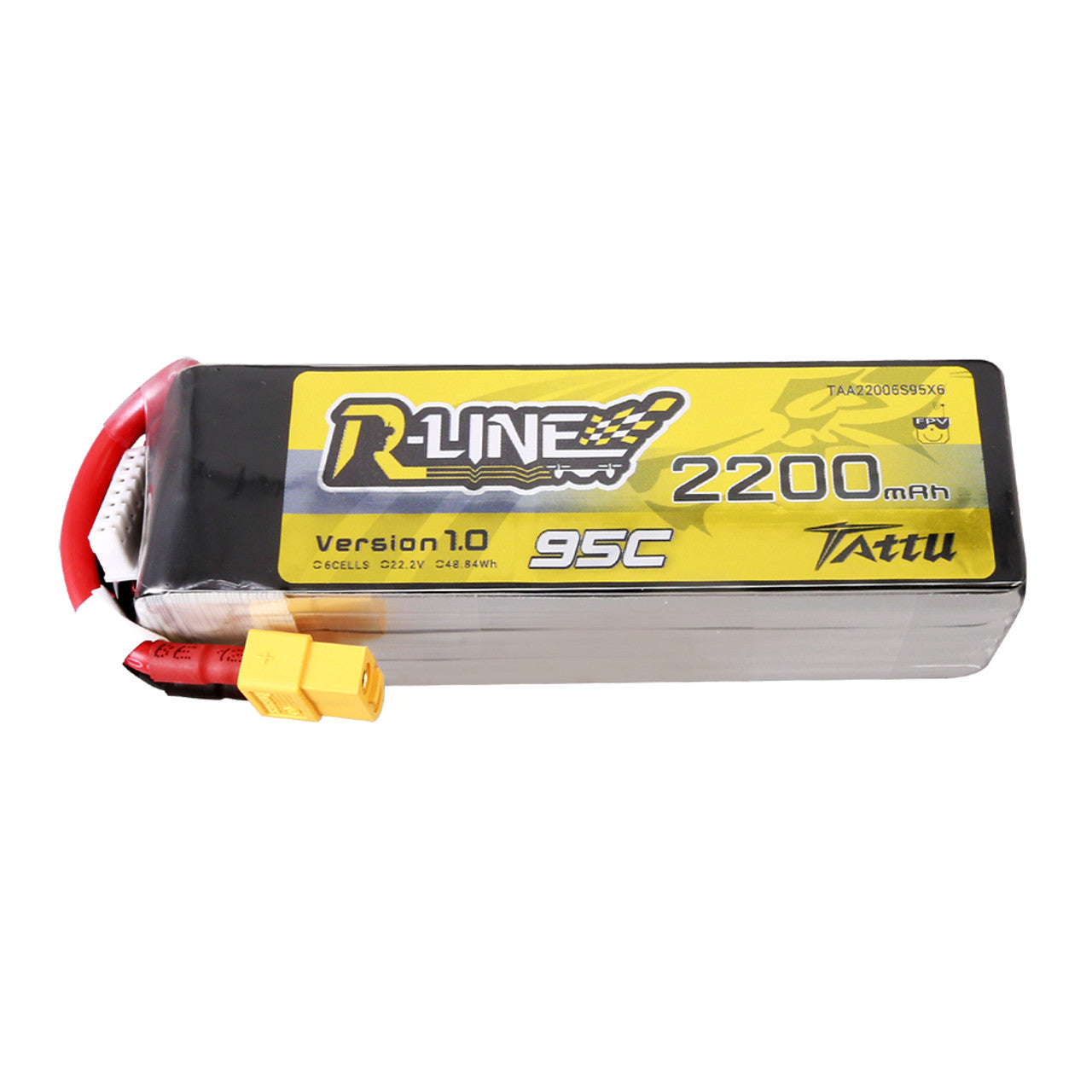 Tattu 2200mAh 6S 95C R-Line LiPo battery with XT60 connector, showcasing the battery's size and branding.