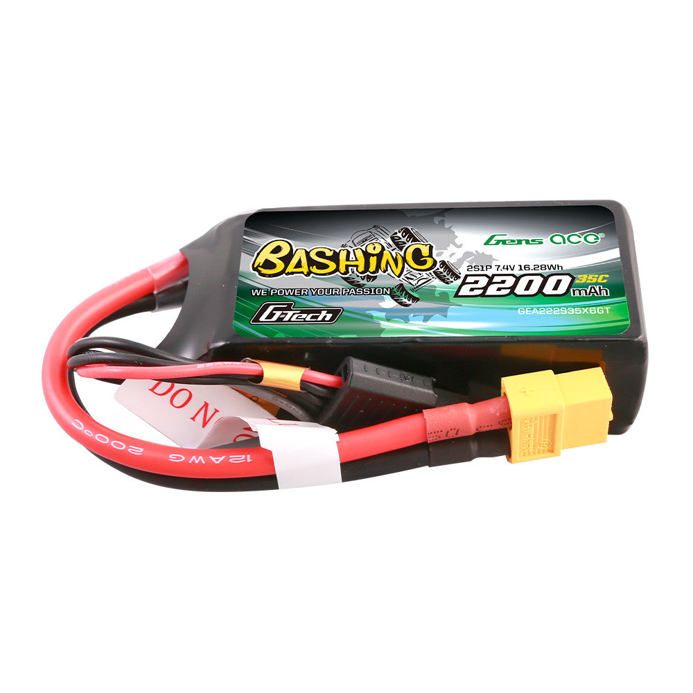 Gens Ace 2200mAh 3S 35C G-tech bashing Lipo battery with XT60 connector, showing the battery's label and terminals.