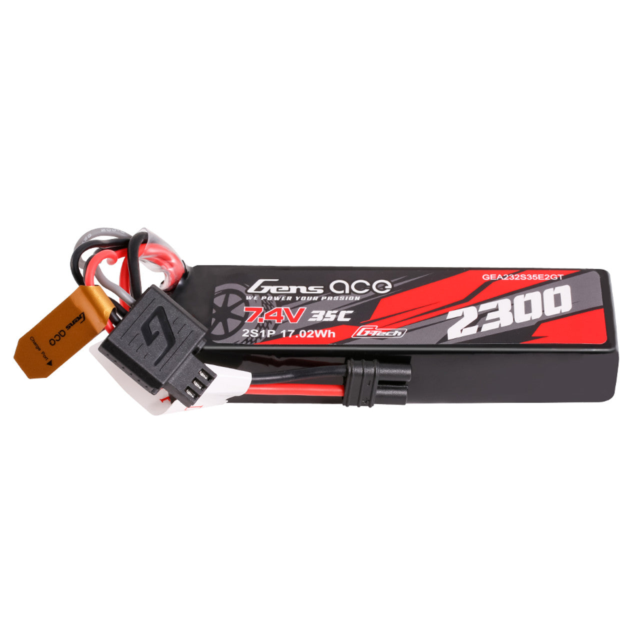 Gens Ace 2300mAh 2S 35C 7.4V G-Tech LiPo battery with IEC2 connector, shown in a close-up image.