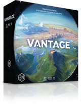 3D image of Vantage game by Stonemaier Games, featuring colorful game pieces and a modern tabletop setup.