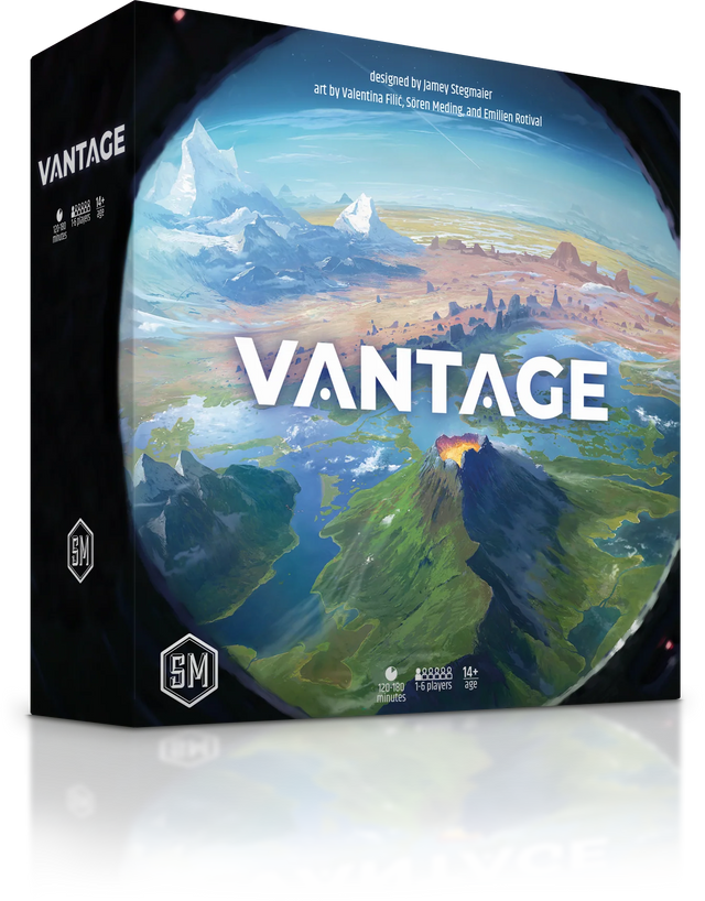 3D image of Vantage game by Stonemaier Games, featuring colorful game pieces and a modern tabletop setup.
