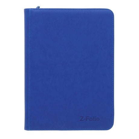 BCW Z-Folio 9-pocket album open showing clear pages with collectible card inserts and the black cover exterior.
