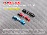 Radtec RC Mini-Z MR04 wide front upper arm mount in black, shown on a miniature RC car chassis.