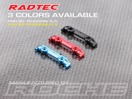 Radtec RC Mini-Z MR04 wide front upper arm mount in black, shown on a miniature RC car chassis.