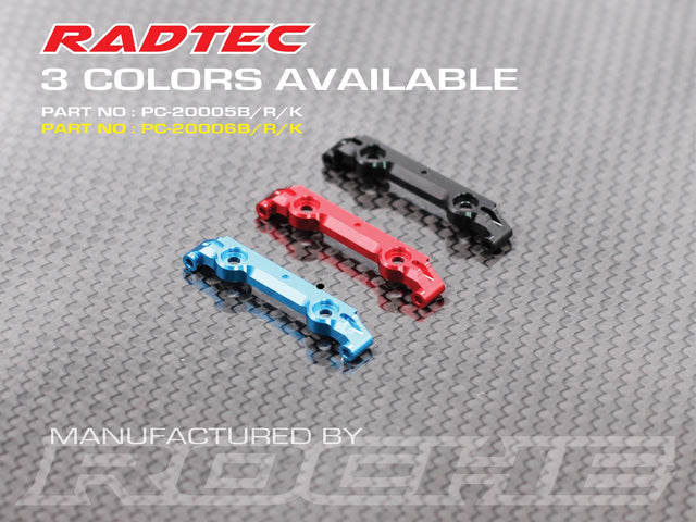 Radtec RC Mini-Z MR04 wide front upper arm mount in black, shown on a miniature RC car chassis.