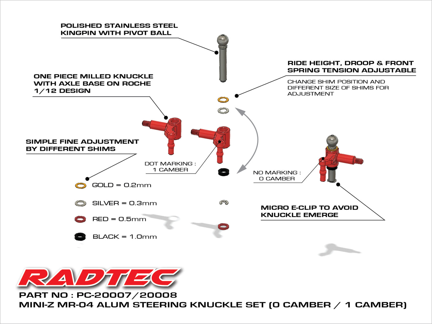 Radtec RC Mini-Z MR04 aluminum steering knuckle set showing detailed metal components on a white background.