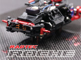 Radtec RC Mini-Z MR04 aluminum steering knuckle set showing precision-machined metal parts on a white background.
