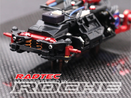 Radtec RC Mini-Z MR04 aluminum steering knuckle set showing precision-machined metal parts on a white background.