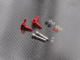 Radtec RC Mini-Z MR04 aluminum steering knuckle set with black anodized finish, showing close-up of precise racing car components.