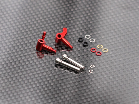 Radtec RC Mini-Z MR04 aluminum steering knuckle set with black anodized finish, showing close-up of precise racing car components.