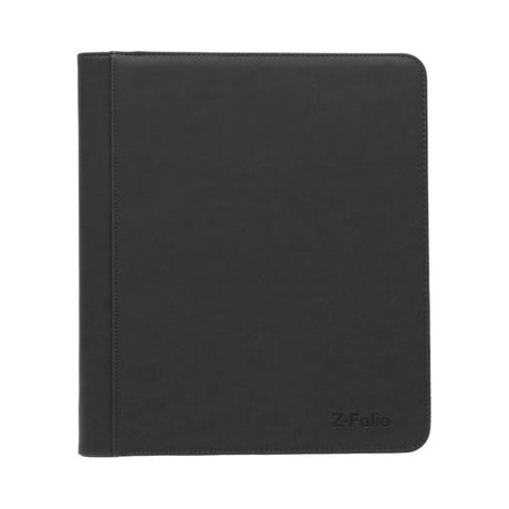 BCW Z-Folio 9-Pocket LX Toploaders binder with transparent plastic pages holding trading cards inside.