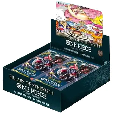 Bandai One Piece TCG Pillars of Strength booster box with colorful packaging and collectible trading cards inside.