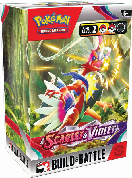 Pokemon Scarlet & Violet Build & Battle Box with booster packs, cards, and accessories for trading card game collectors.