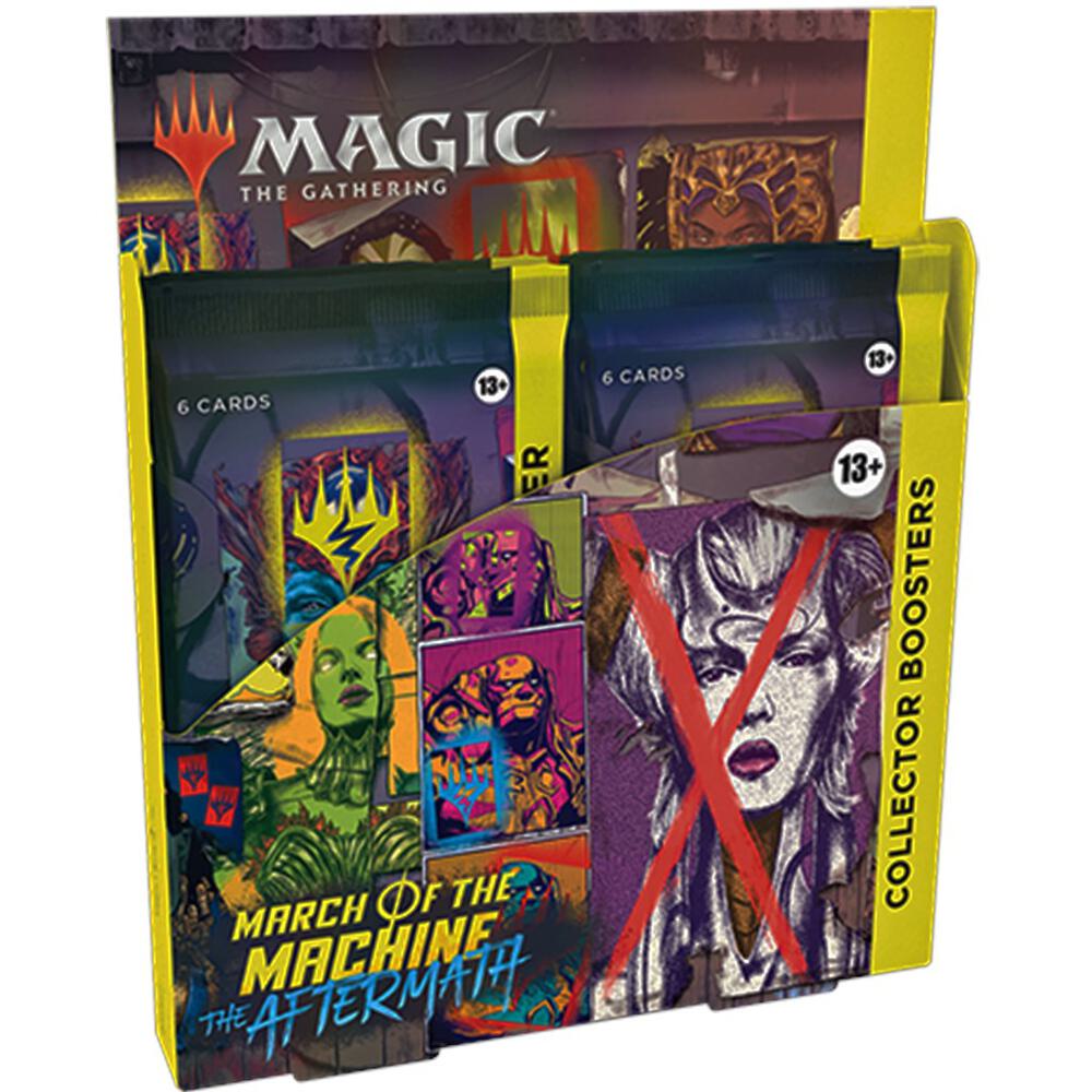 MTG March of the Machine Aftermath Collector's Booster Box by Wizards of the Coast, featuring colorful card artwork on the box.