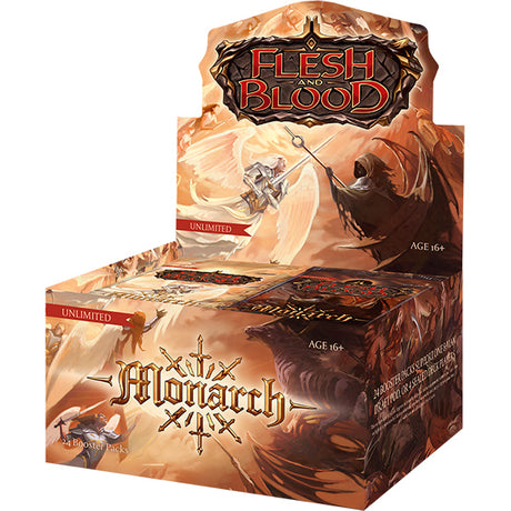 Flesh and Blood Monarch Unlimited Booster Box of collectible trading cards by Legends Story Studios, opened to reveal booster packs inside.