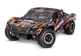 Orange Traxxas Slash 4X4 VXL RC truck with detailed body and rugged tires, showcasing high-performance off-road design.