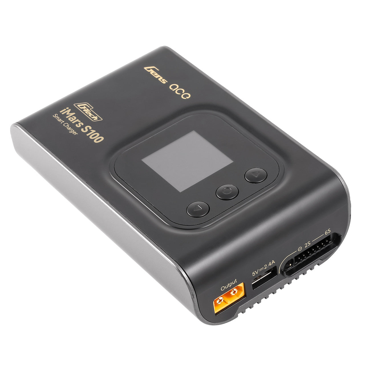 Gens Ace iMars S100 G-Tech AC balance RC car battery smart charger with digital display and charging ports.