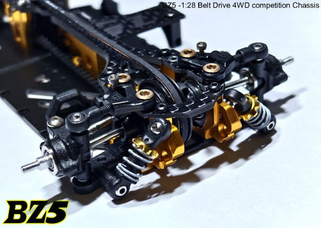 Atomic RC Z5 Belt Drive 4WD chassis kit with metal components and suspension arms, designed for off-road RC cars.