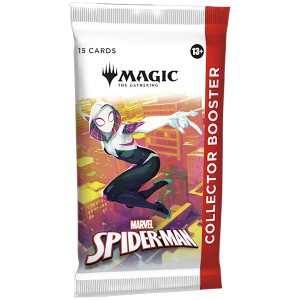 MTG Spider-Man Collector Booster Pack by Wizards of the Coast, featuring colorful Marvel-themed trading cards.