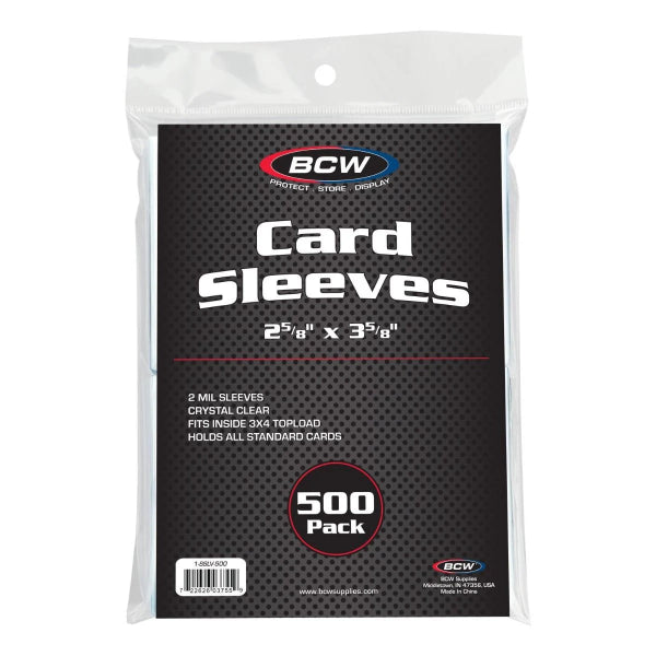 Set of 500 BCW standard card sleeves for protecting trading cards, made from clear, durable plastic.