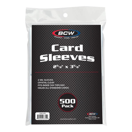 Set of 500 BCW standard card sleeves for protecting trading cards, made from clear, durable plastic.