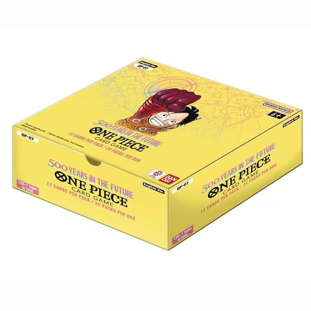 Bandai One Piece TCG 500 Years In The Future Booster Box of collectible trading cards, featuring vibrant character artwork.