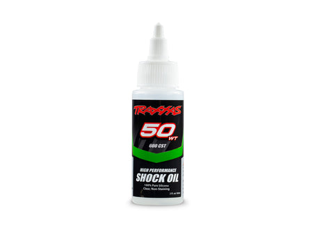 Traxxas 50-wt silicone shock oil, 2 fl oz, with clear liquid in a small bottle, designed for RC vehicle suspension tuning.