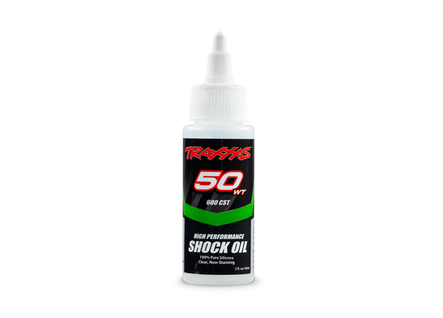 Traxxas 50-wt silicone shock oil, 2 fl oz, with clear liquid in a small bottle, designed for RC vehicle suspension tuning.